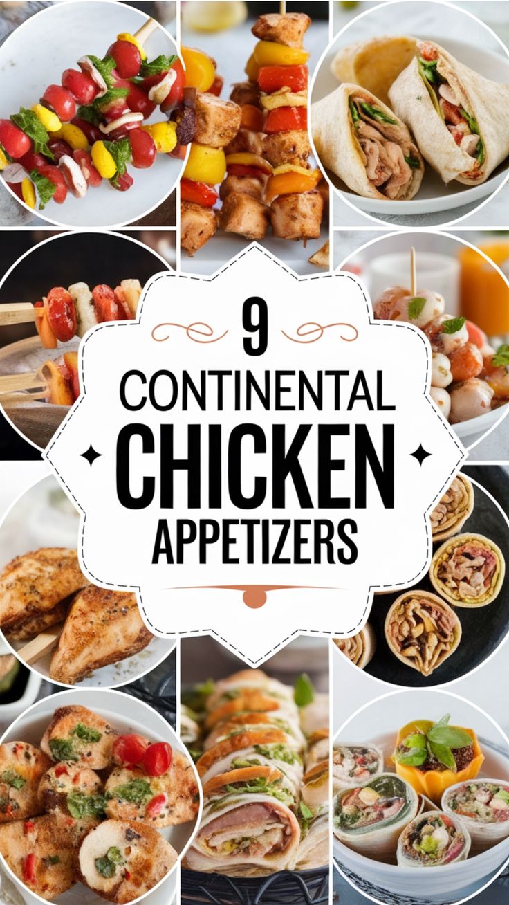 Assorted chicken appetizers showcasing wraps, skewers, and rolls. Continental Chicken, Easy Chicken Recipes For Dinner, Tasty Salads, Crispy Chicken Tenders, Chicken Appetizers, Party Spread, Chicken Recipes For Dinner, Savory Chicken, Chicken Skewers