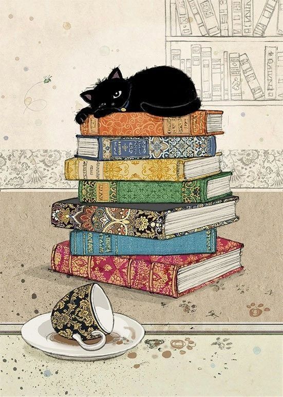 a black cat laying on top of a stack of books next to a cup and saucer