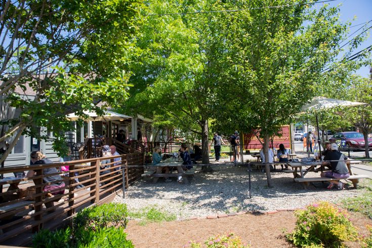 people are sitting at picnic tables under trees