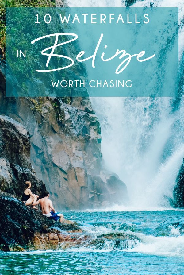 a woman sitting on rocks in front of a waterfall with text overlay reading 10 waterfalls in belize worth chasing