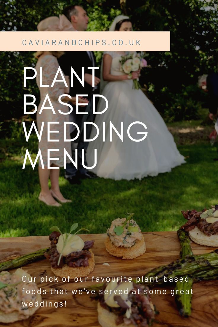 the wedding menu is displayed on a wooden table in front of some other food items