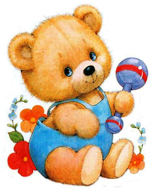 a brown teddy bear sitting on top of a blue ball