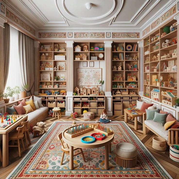 a living room filled with lots of wooden furniture and bookshelves covered in toys