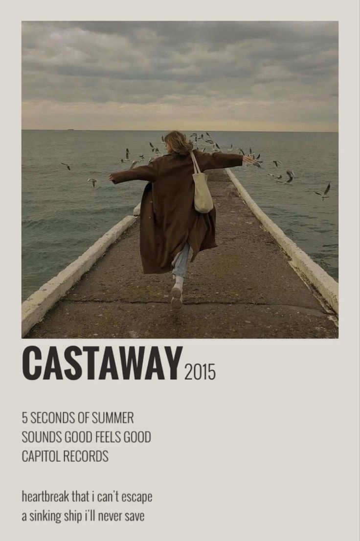 an advertisement for the castaway festival featuring a woman in a brown coat and birds flying over her head