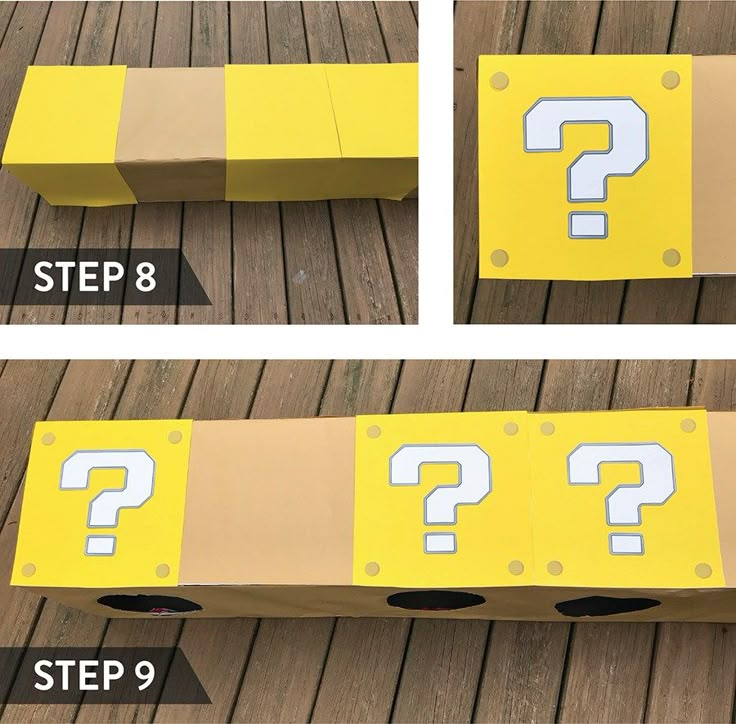 four steps to make a cardboard box with question marks on the side and bottom part