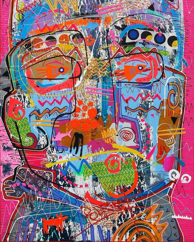 an abstract painting with lots of different colors and patterns on it's face, in pink