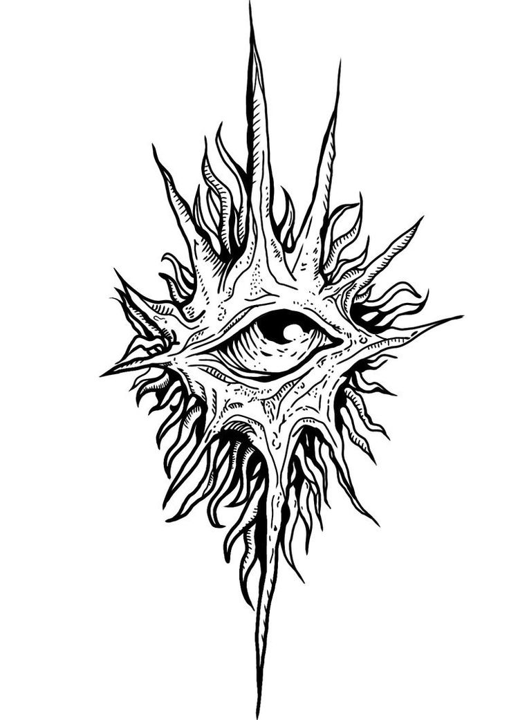 an all seeing eye tattoo design in black and white, with flames coming out of it