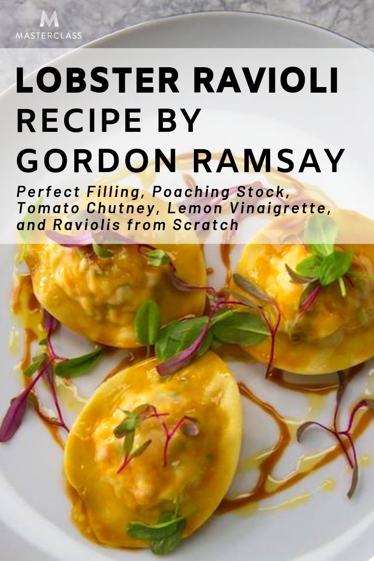 the cover of lobster ravioli recipe by gordon ramsay is shown on a white plate