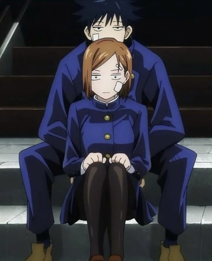 two anime characters sitting on the steps with their backs to each other, one holding his head