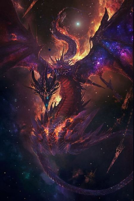 a dragon in the middle of space with bright colors and stars on it's back