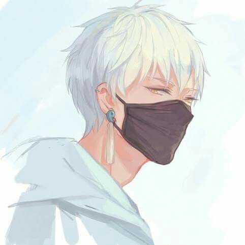 an anime character with white hair wearing a black mask and piercings on his ears