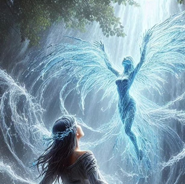 a woman sitting in the middle of a forest next to an angel with wings flying above her