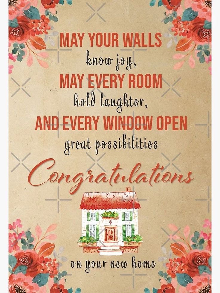 a poster with an image of a house and flowers on the front, says congratulations