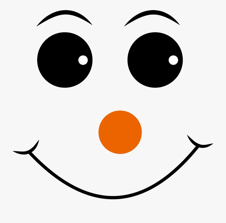 the face of a smiling snowman with black eyes and orange nose, on a white background