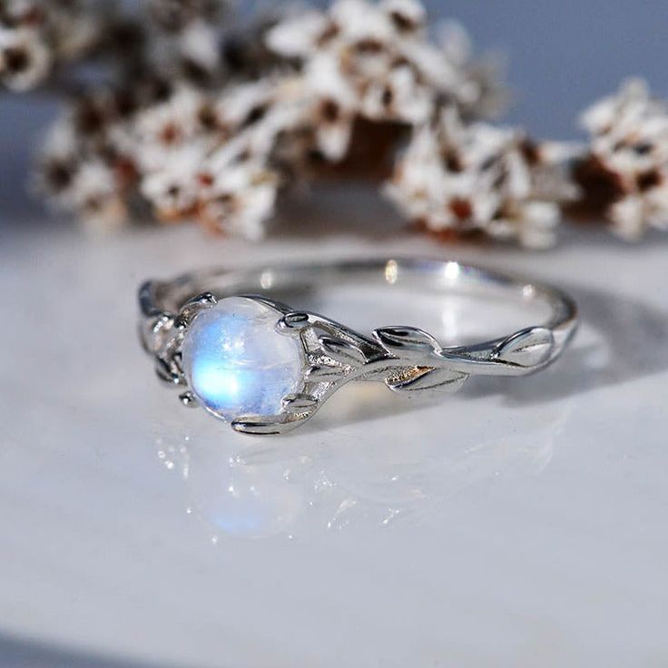 Silver Dainty Natural Moonstone Ring.  Round Moonstone Floral Ring 2022 Rings, Twig Ring, Jewelry Aesthetic, Moonstone Engagement, Semi Precious Gems, Moonstone Engagement Ring, Rings Rings, Floral Ring, Rainbow Moonstone Ring