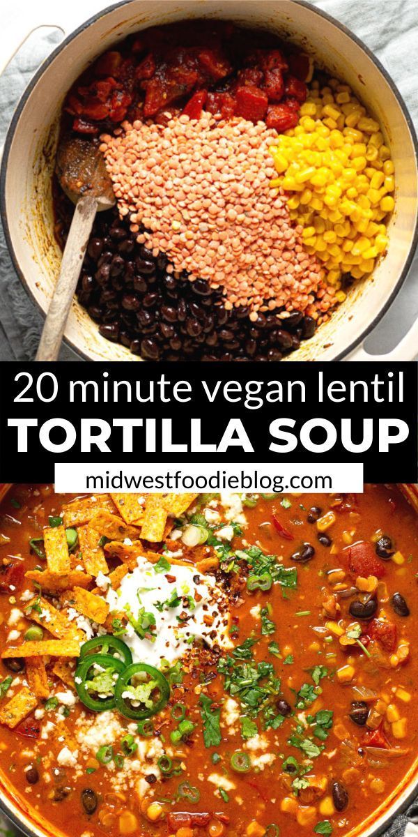 a bowl filled with tortilla soup and topped with corn, tomatoes, black beans, cilantro