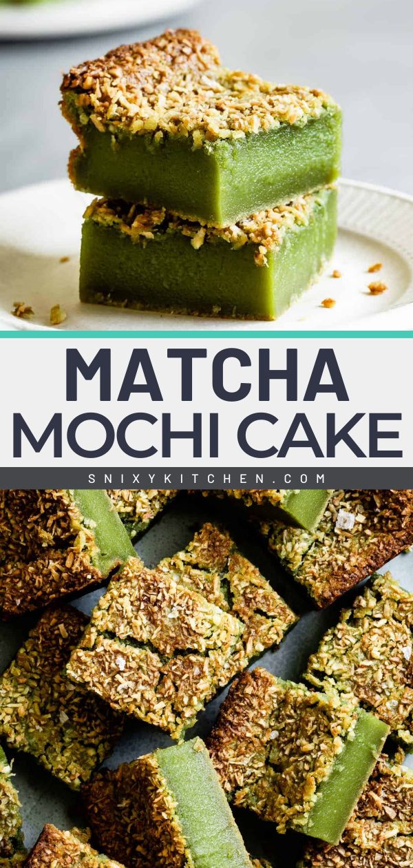 matcha mochi cake is stacked on top of each other with the text overlay