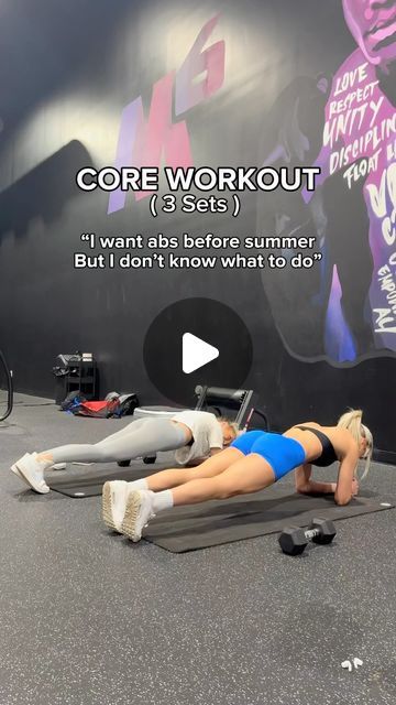 two women doing exercises in front of a wall with the words core workout 3 sets