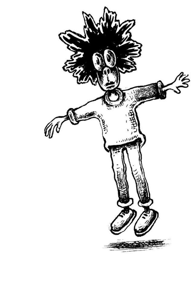 a black and white drawing of a person on a skateboard