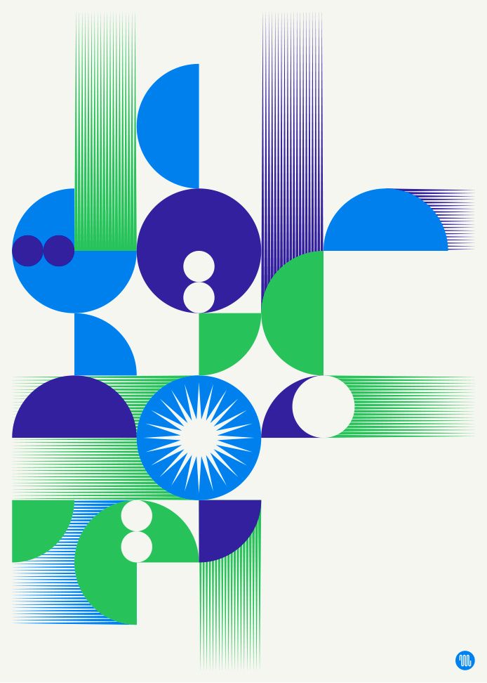 an abstract poster with blue, green and purple shapes on it's sides that appear to be overlapping