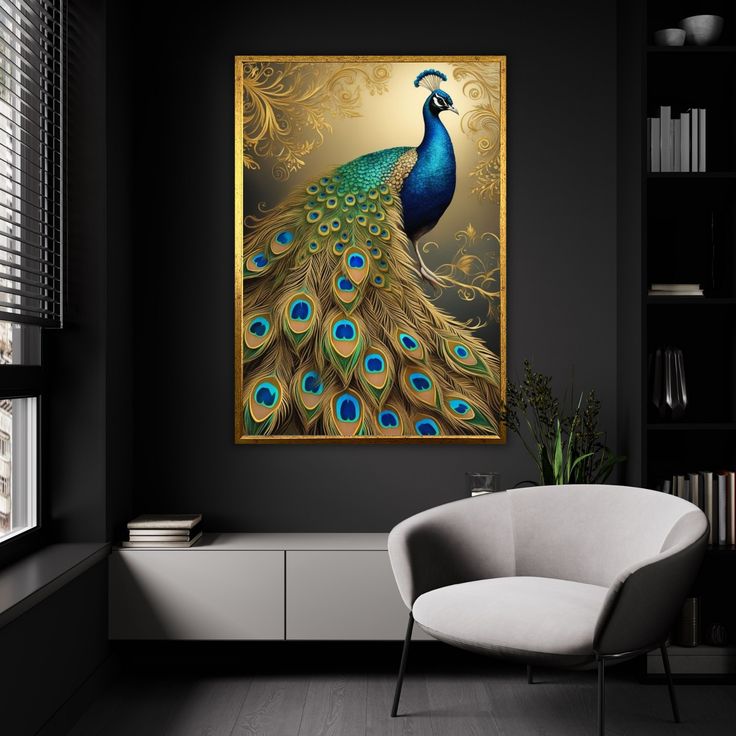 a peacock painting on a black wall next to a white chair