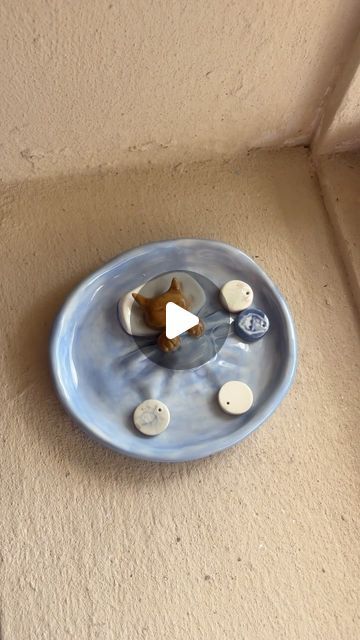 a blue plate that has some rocks on it and a video player in the middle