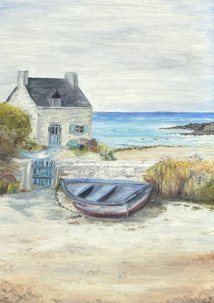 a painting of a boat sitting on the sand near a house and beach with an ocean in the background