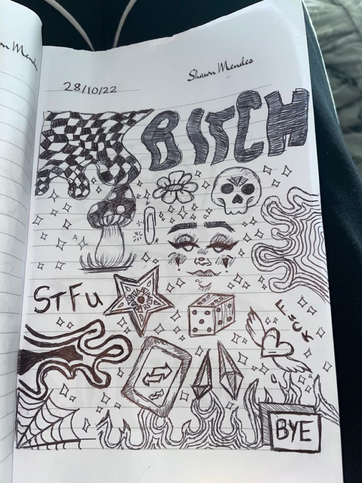 an open notebook with doodles and drawings on it in someone's lap,