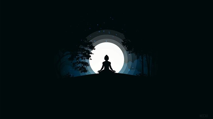 the silhouette of a person sitting in front of a full moon with trees on it