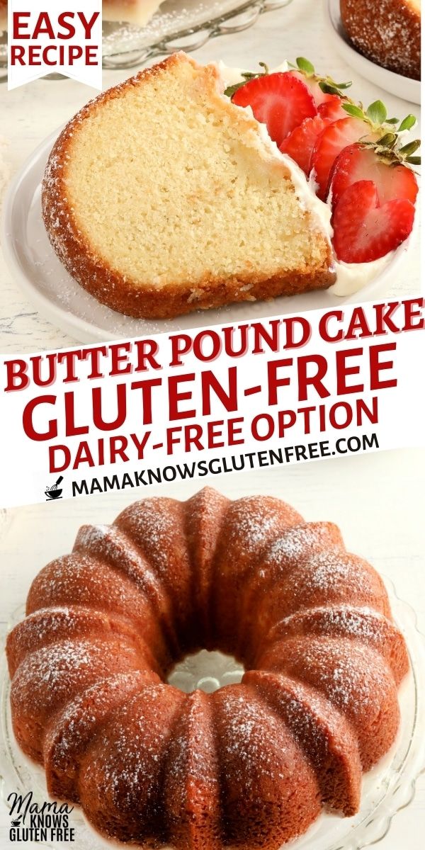 a bundt cake with powdered sugar on top and the words butter pound cake gluten - free dairy - free option