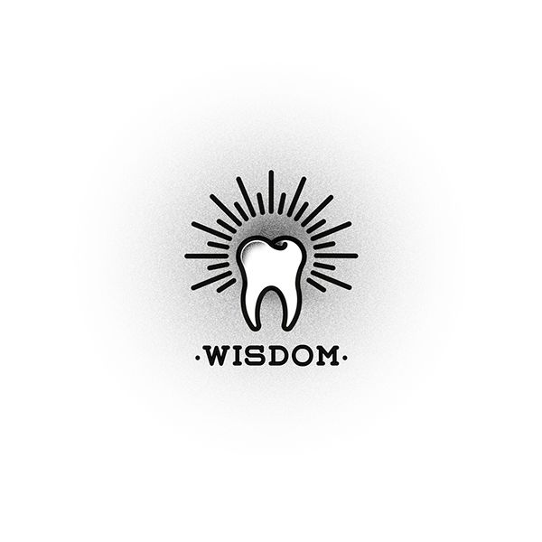 a tooth with the word wisdom written in black and white, on a white background