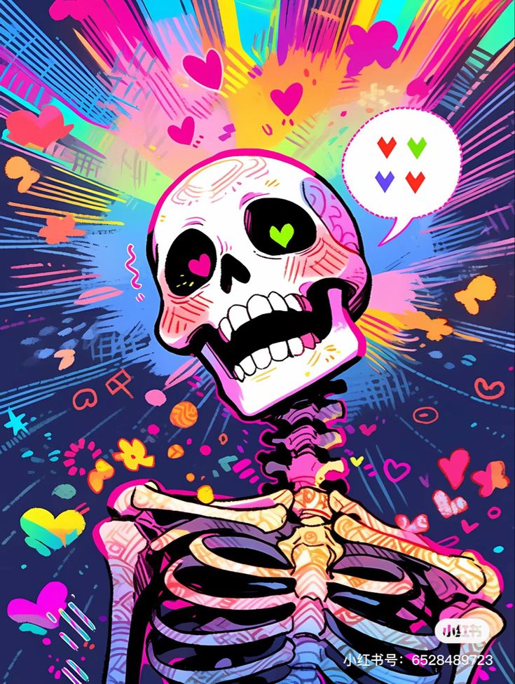 a skeleton with colorful paint splattered on it's face