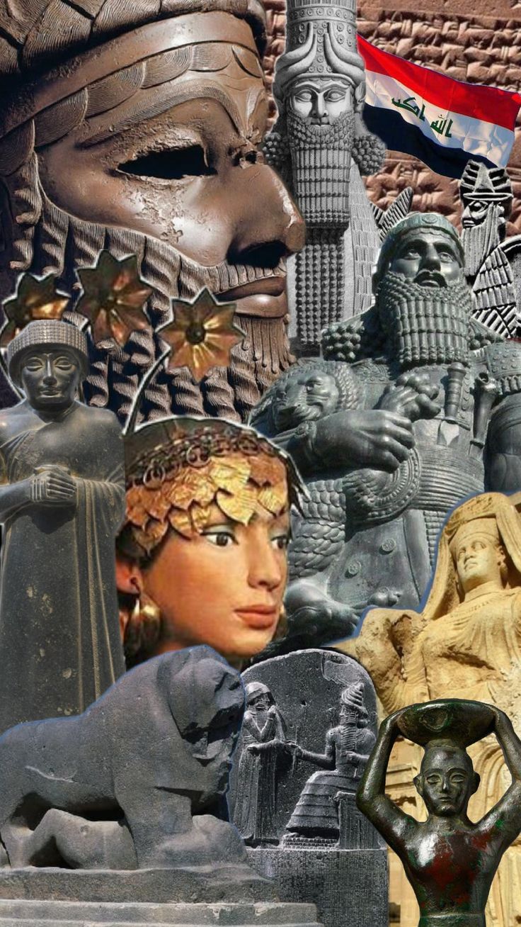 an artistic collage with statues and flags in the background, including a woman's head