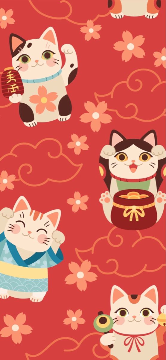 an image of cats on red background with flowers