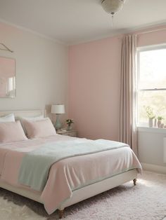 a bedroom with pink walls and white bedding, carpeted flooring and a chandelier