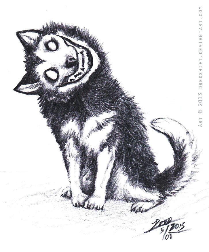 a black and white drawing of a husky dog with its mouth open, sitting on the ground