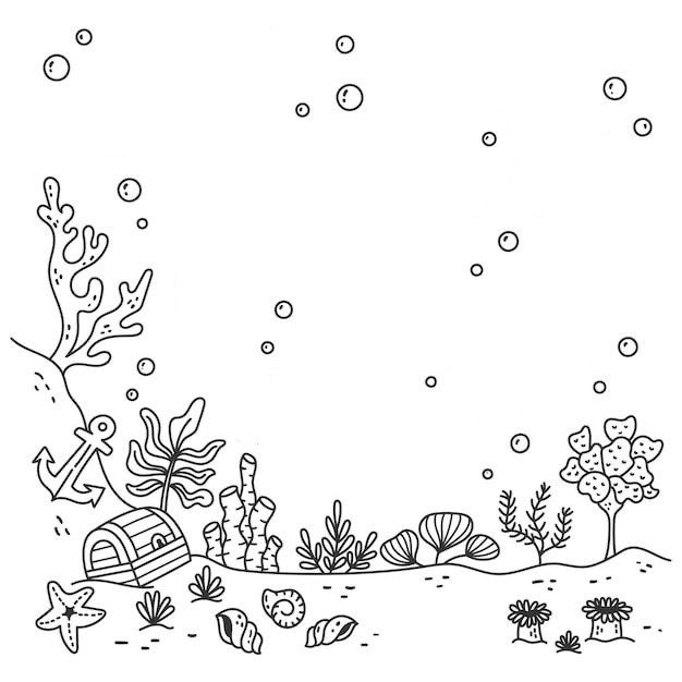 an underwater scene with corals and other marine creatures in black and white coloring pages