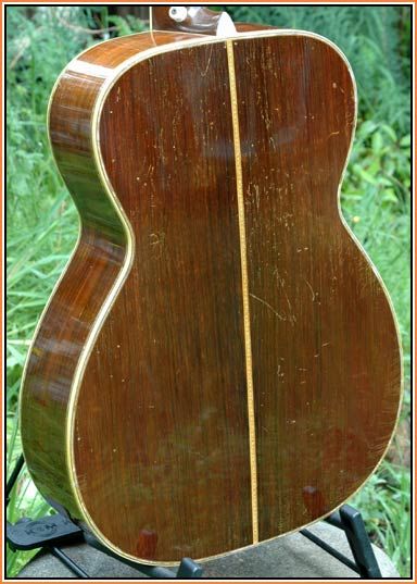 an acoustic guitar sitting on top of a stand in front of some grass and bushes