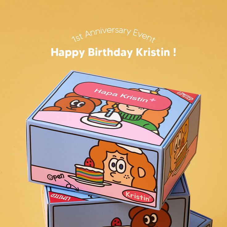 two boxes with cartoon characters on them and the words happy birthday krisin written in large letters