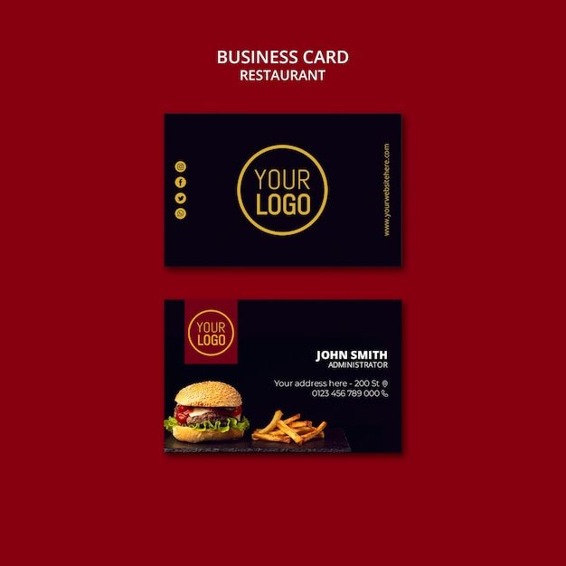 a restaurant business card with a burger and fries on the front, and a red background