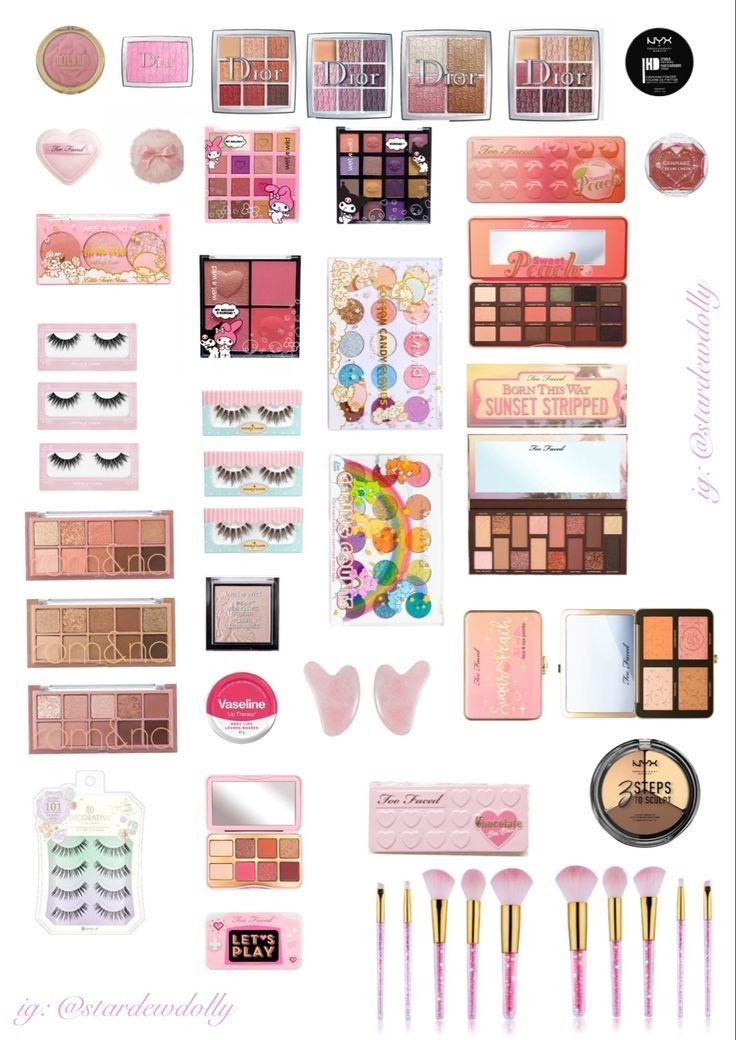 the contents of a pink and gold makeup set are arranged on top of each other