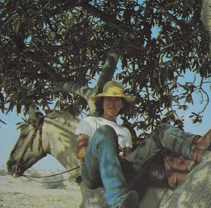 a man riding on the back of a white horse next to a large rock under a tree