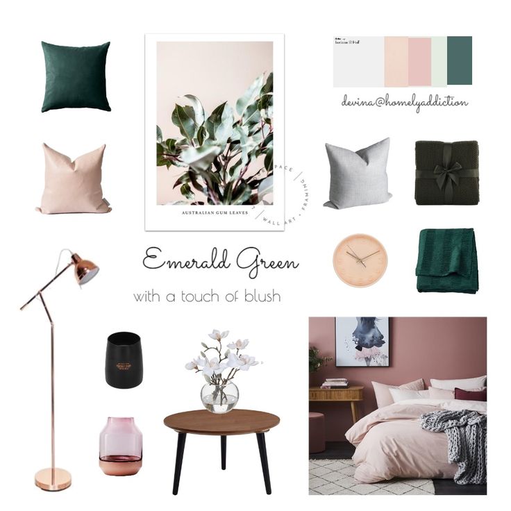 a collage of green and pink colors with text overlaying the image, which reads emeraldl green with a touch of blush