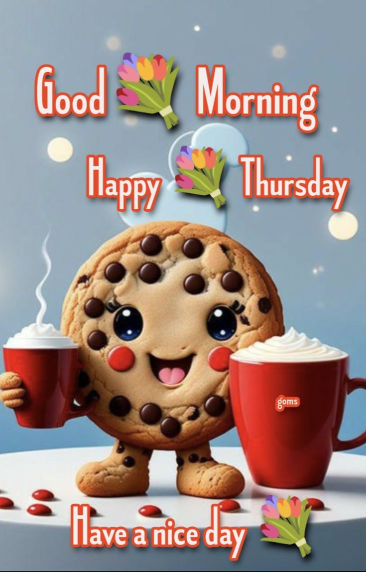 a cookie with two cups of coffee on it and the words good morning happy thursday have a nice day