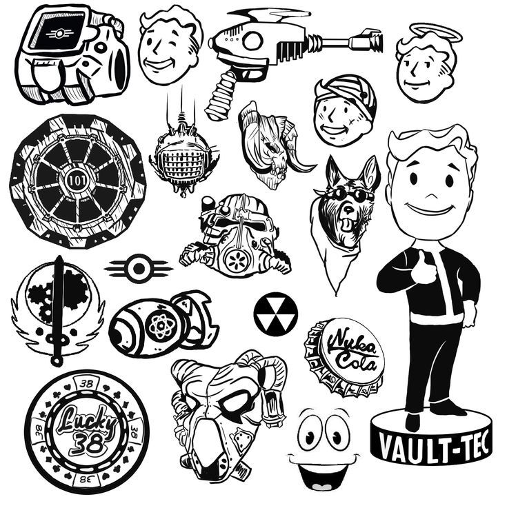 an image of various cartoon character heads and objects in black and white colors on a white background