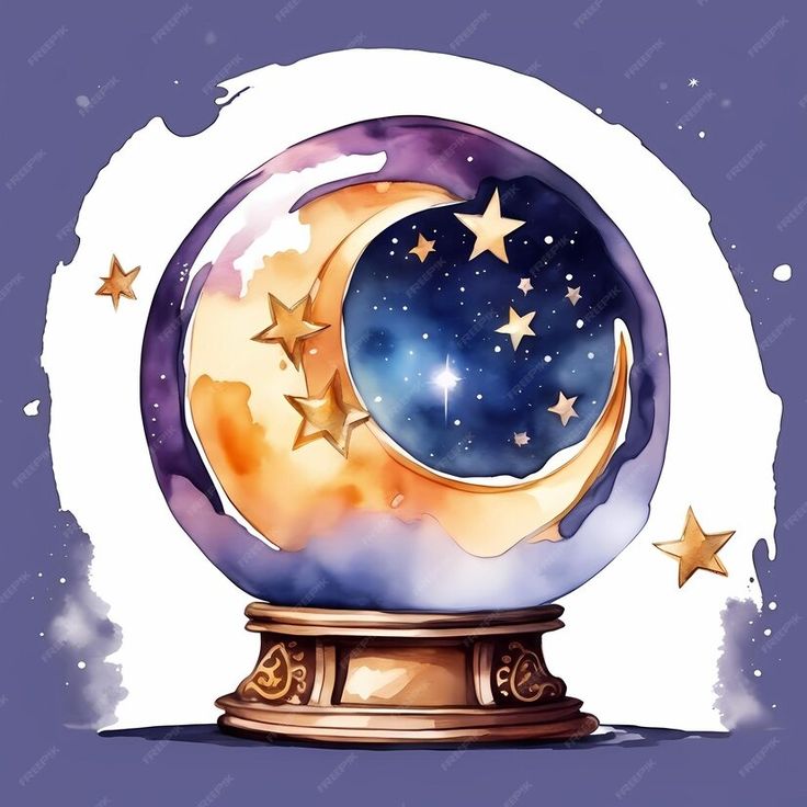 a watercolor painting of a moon and stars in a glass globe on a purple background