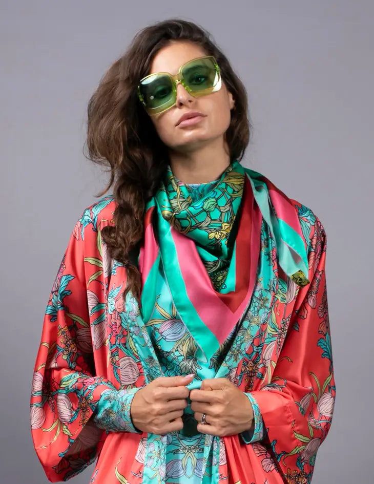 Fluid and beautiful draped silk scarves are the perfect way to dress up any outfit and wear art where you go. Made from 100% Silk Charmeuse Silk with floral print. As part of the Nuvula collection, intricate botanical motifs have been repurposed through contemporary designs. We have given out abstract motif designs, uniform geometrical patterns, subtle flower arrangements, and original illustrations. These new prints take up inspiration from old designs, culturally-rich patterns, and futuristic One Size Silk Shawl Scarf, Green Silk Shawl Scarf, Green Silk Scarf For Party, Silk Shawl Scarf One Size, Chic One Size Silk Scarf, Multicolor Silk Scarf For Spring Party, Multicolor Silk Scarf For Party In Spring, Bohemian Silk Shawl, Chic Silk Shawl Scarf