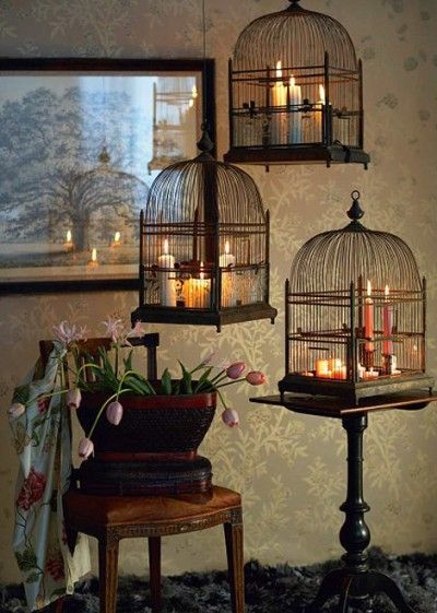 two pictures side by side, one with a birdcage and the other with candles in it