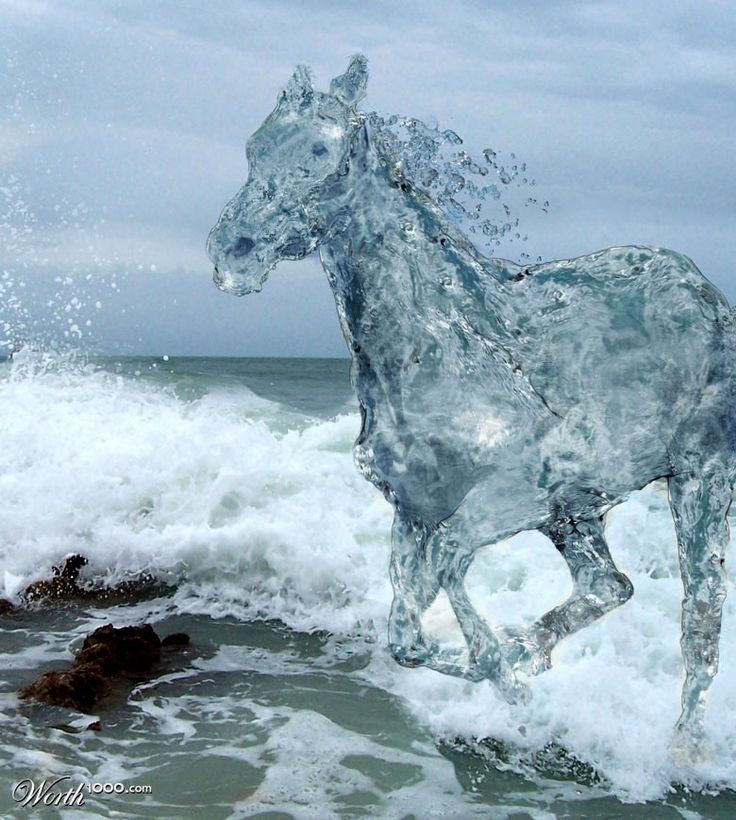 a statue of a horse standing on top of a wave covered beach next to the ocean