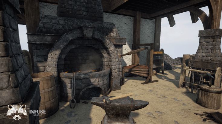 an animated image of a stone oven in the middle of a room with logs and other items